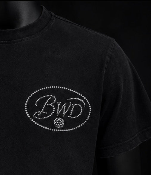 Black t-shirt with 'BWD' logo on a black background